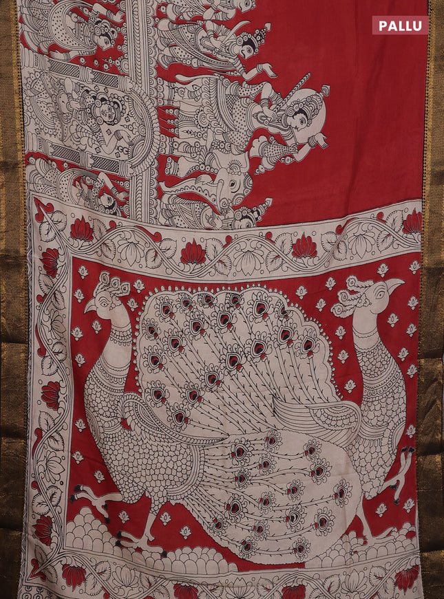 Kalamkari semi silk saree maroon and black with allover prints and zari woven border