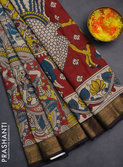Kalamkari semi silk saree beige and black with allover prints and zari woven border