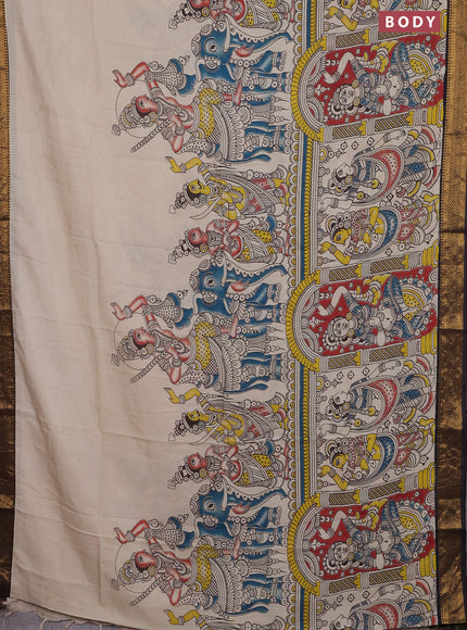 Kalamkari semi silk saree beige and black with allover prints and zari woven border