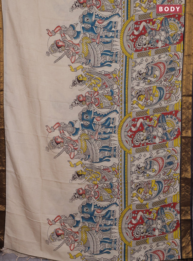 Kalamkari semi silk saree beige and black with allover prints and zari woven border