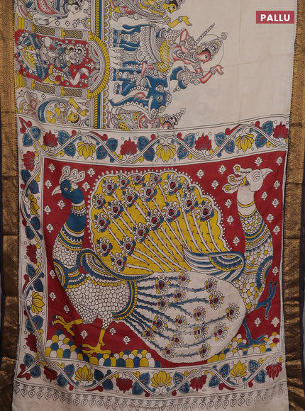 Kalamkari semi silk saree beige and black with allover prints and zari woven border