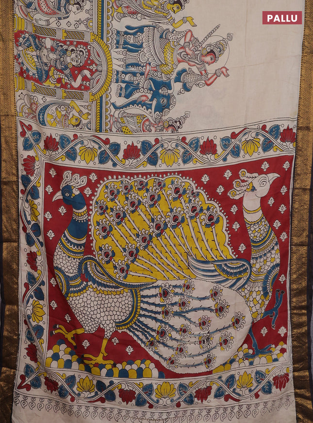 Kalamkari semi silk saree beige and black with allover prints and zari woven border