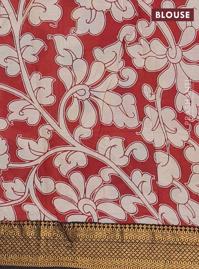 Kalamkari semi silk saree beige and black with allover prints and zari woven border