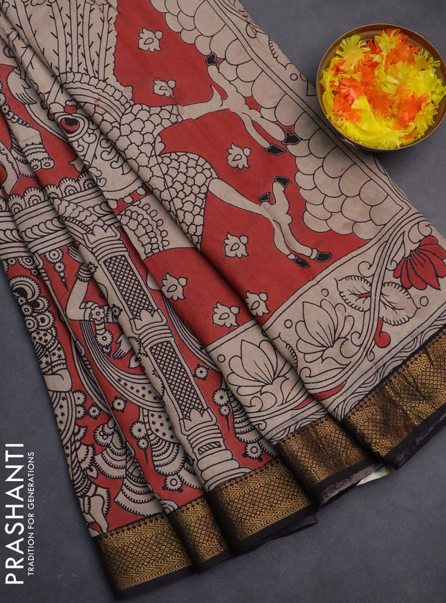 Kalamkari semi silk saree maroon and black with allover prints and zari woven border
