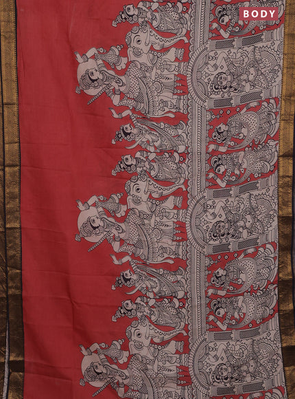 Kalamkari semi silk saree maroon and black with allover prints and zari woven border