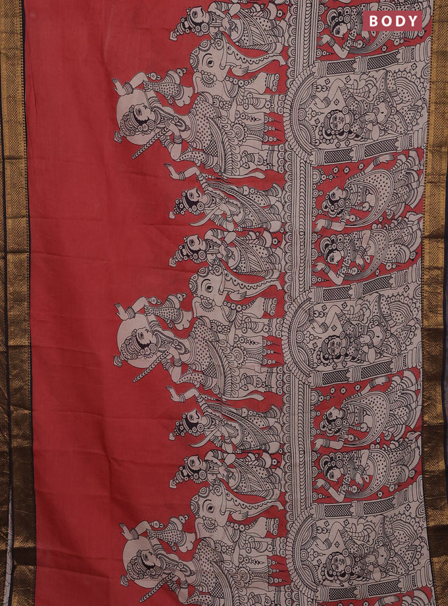 Kalamkari semi silk saree maroon and black with allover prints and zari woven border