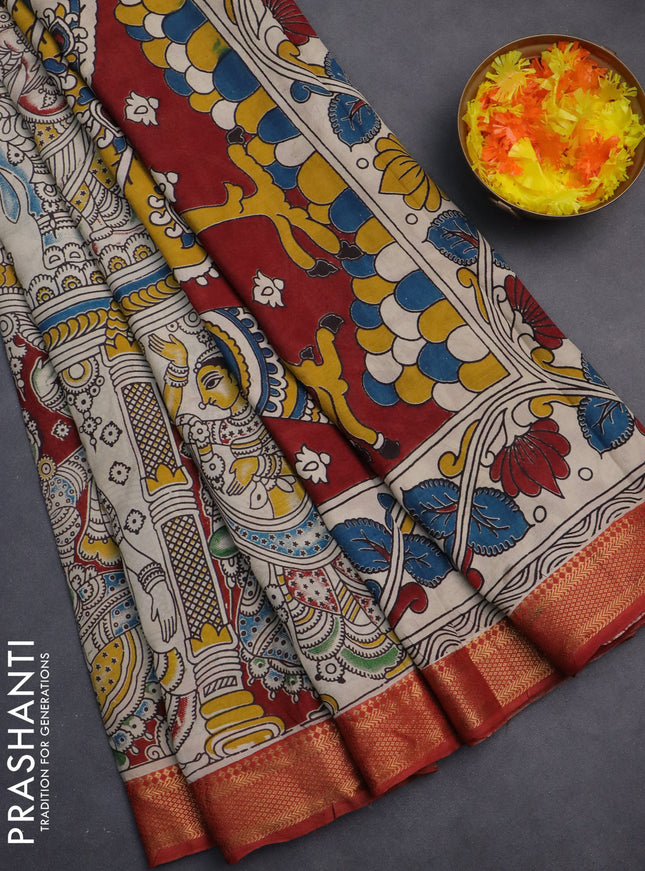 Kalamkari semi silk saree beige and maroon with allover prints and zari woven border