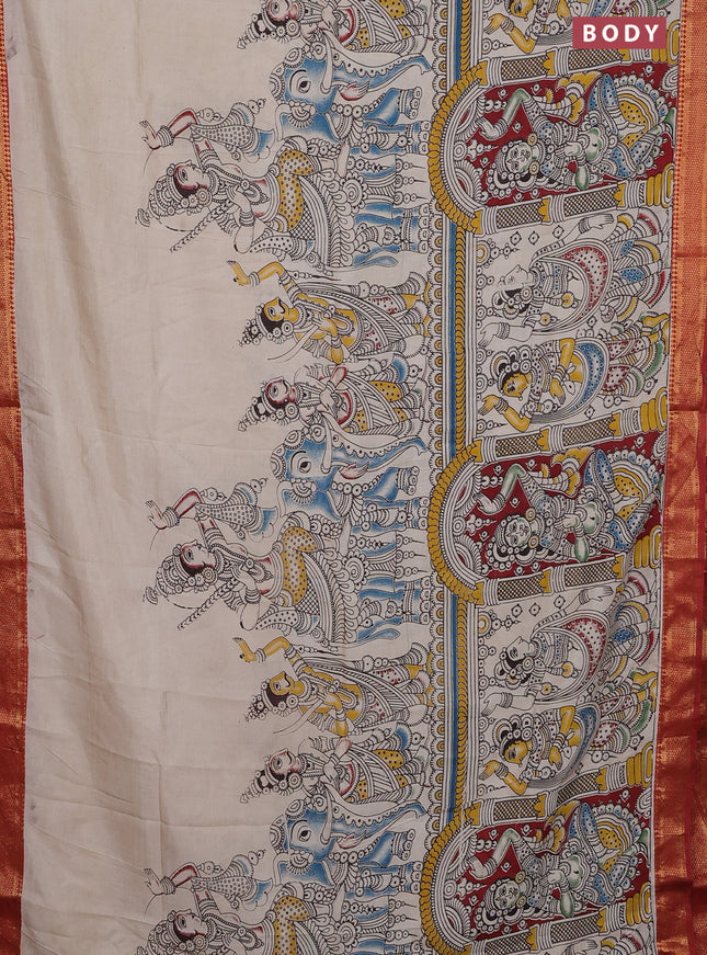 Kalamkari semi silk saree beige and maroon with allover prints and zari woven border