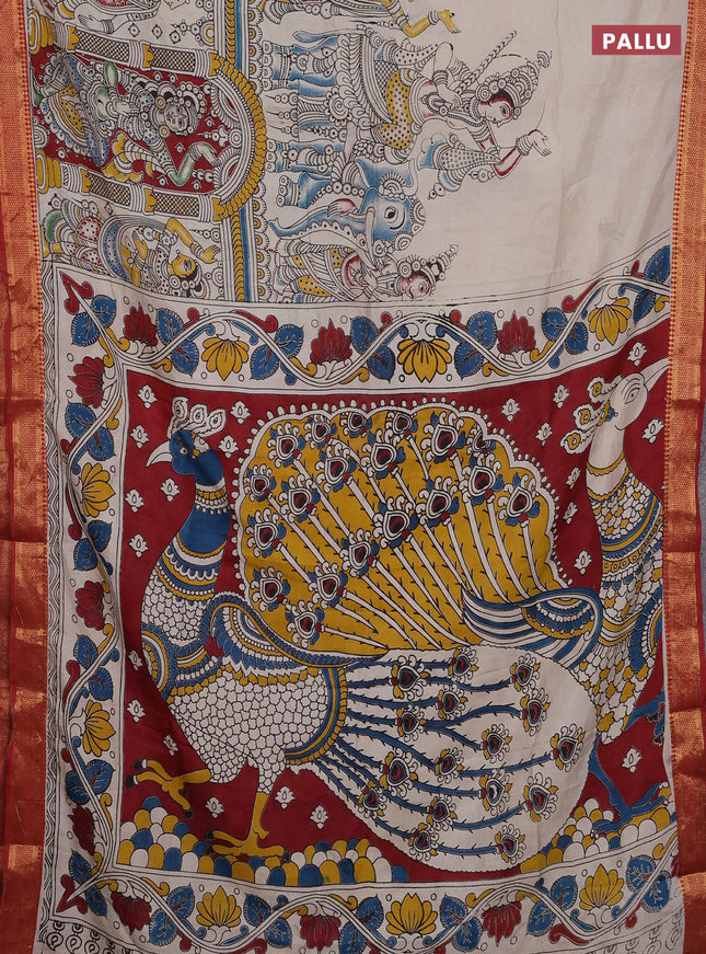 Kalamkari semi silk saree beige and maroon with allover prints and zari woven border