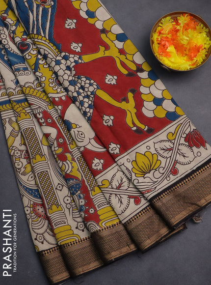 Kalamkari semi silk saree beige and black with allover prints and zari woven border