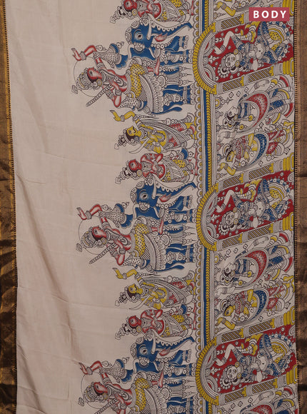 Kalamkari semi silk saree beige and black with allover prints and zari woven border