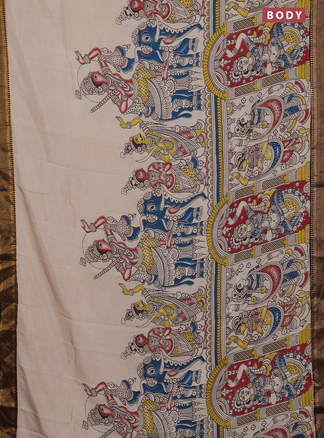 Kalamkari semi silk saree beige and black with allover prints and zari woven border