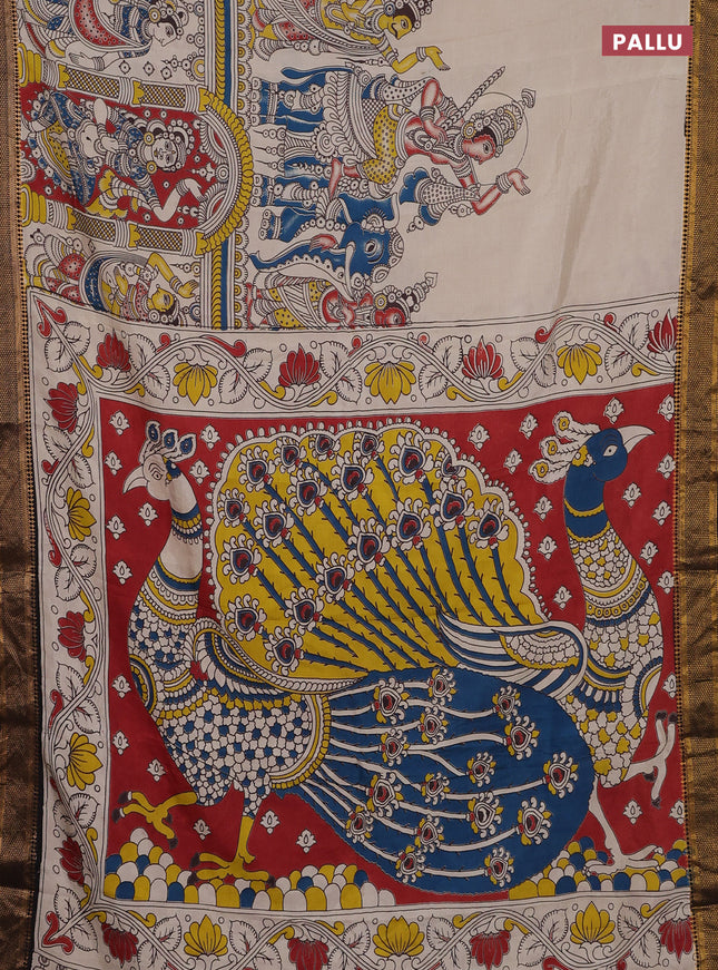 Kalamkari semi silk saree beige and black with allover prints and zari woven border