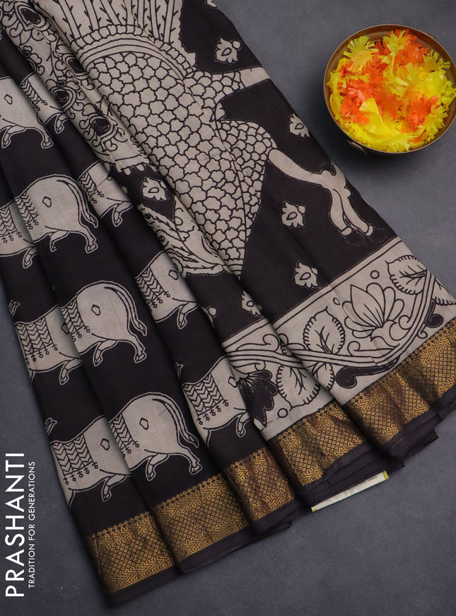 Kalamkari semi silk saree black with butta prints and zari woven border