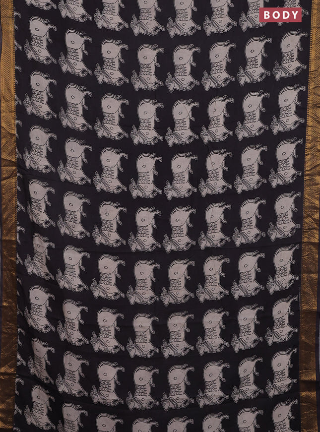 Kalamkari semi silk saree black with butta prints and zari woven border