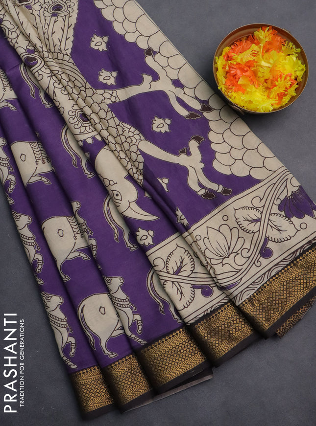Kalamkari semi silk saree violet and black with butta prints and zari woven border