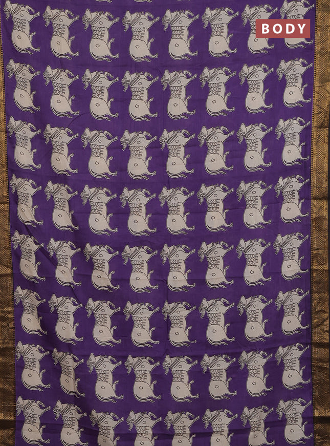 Kalamkari semi silk saree violet and black with butta prints and zari woven border