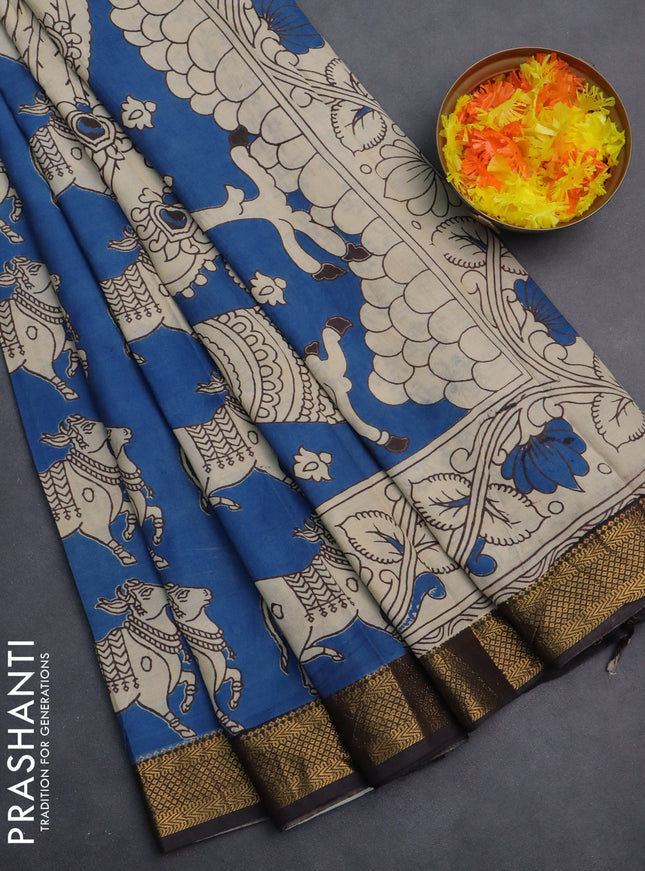 Kalamkari semi silk saree cs blue and black with butta prints and zari woven border