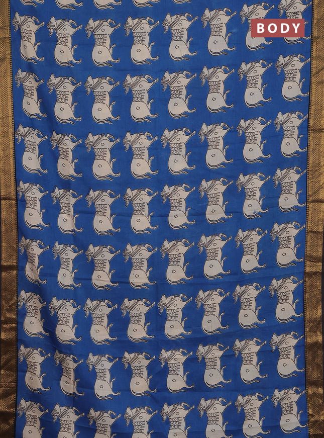 Kalamkari semi silk saree cs blue and black with butta prints and zari woven border