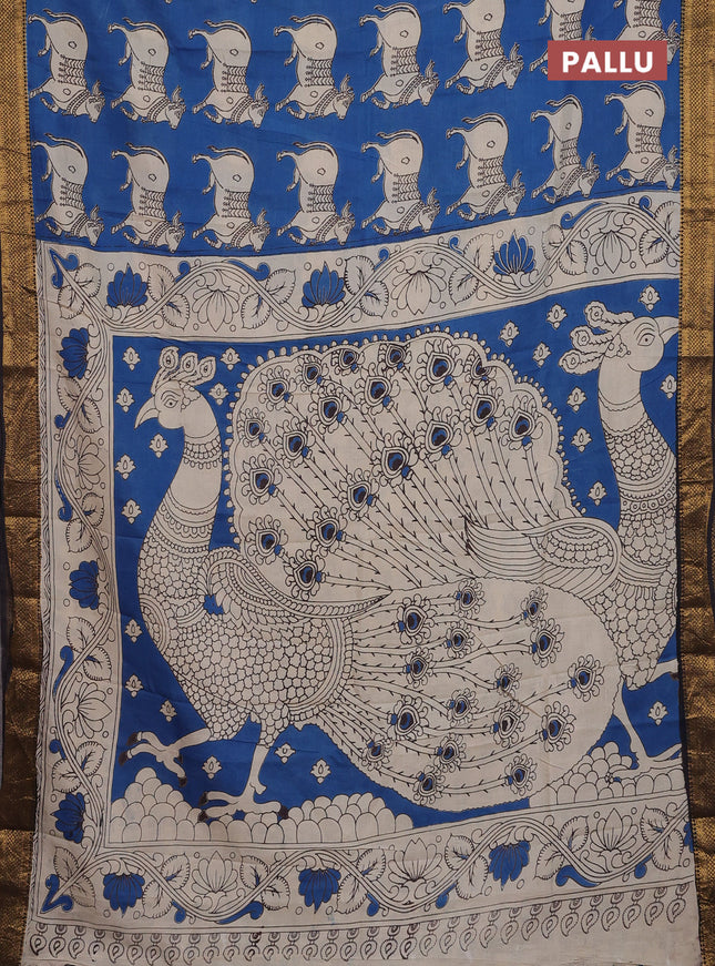 Kalamkari semi silk saree cs blue and black with butta prints and zari woven border