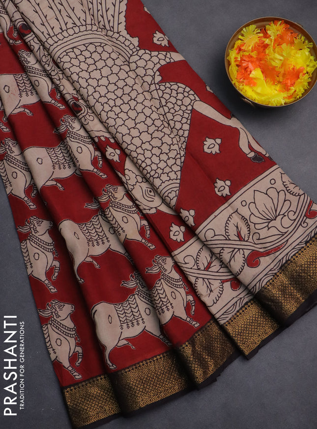 Kalamkari semi silk saree maroon and black with butta prints and zari woven border