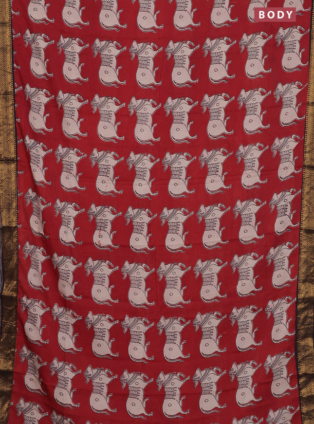 Kalamkari semi silk saree maroon and black with butta prints and zari woven border