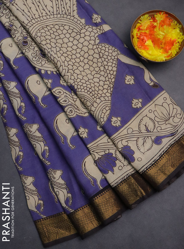 Kalamkari semi silk saree blue and black with butta prints and zari woven border