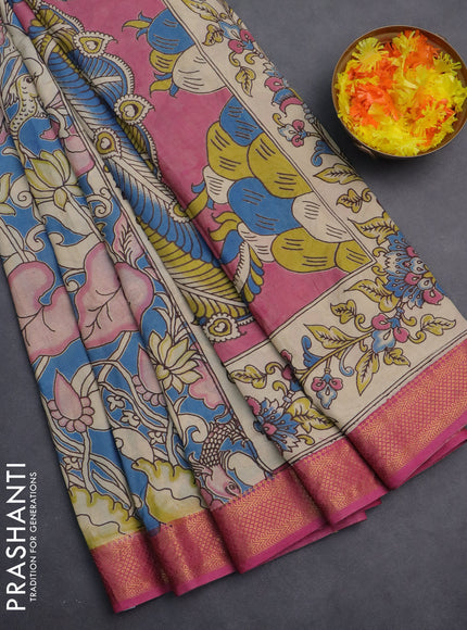 Kalamkari semi silk saree blue and pink with allover prints and zari woven border