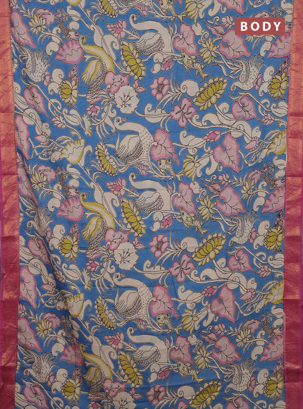 Kalamkari semi silk saree blue and pink with allover prints and zari woven border