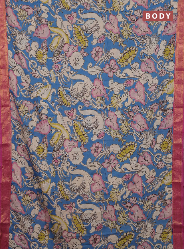 Kalamkari semi silk saree blue and pink with allover prints and zari woven border
