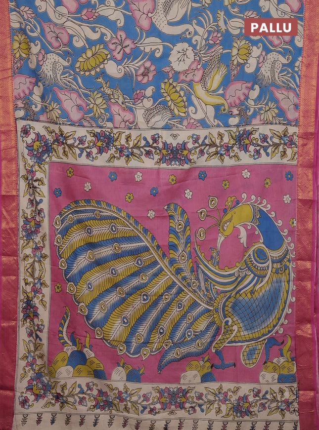 Kalamkari semi silk saree blue and pink with allover prints and zari woven border