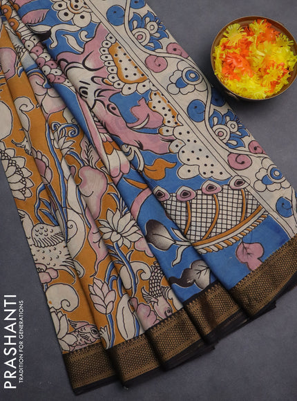 Kalamkari semi silk saree dark mustard and black with allover prints and zari woven border