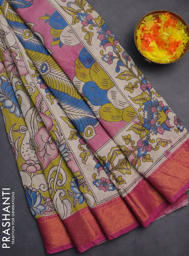 Kalamkari semi silk saree lime yellow and pink with allover prints and zari woven border