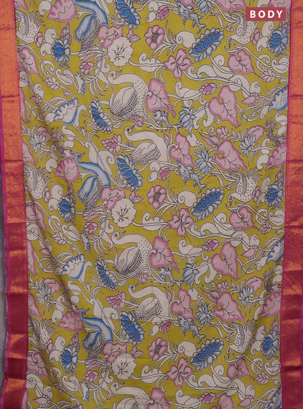 Kalamkari semi silk saree lime yellow and pink with allover prints and zari woven border