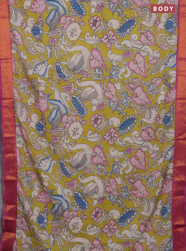Kalamkari semi silk saree lime yellow and pink with allover prints and zari woven border