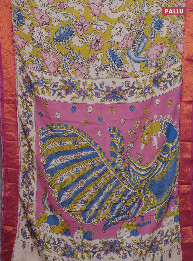 Kalamkari semi silk saree lime yellow and pink with allover prints and zari woven border