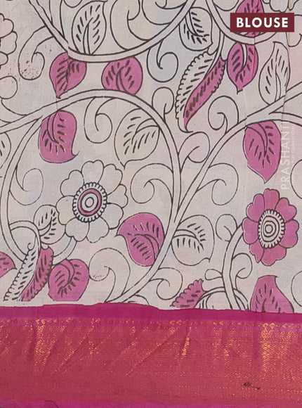 Kalamkari semi silk saree lime yellow and pink with allover prints and zari woven border