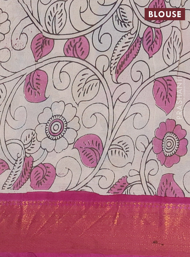 Kalamkari semi silk saree lime yellow and pink with allover prints and zari woven border