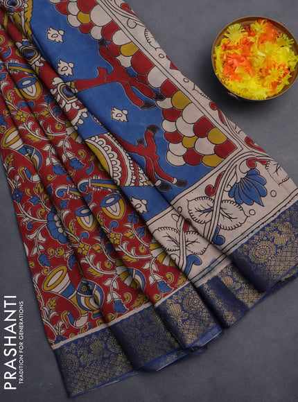 Kalamkari semi silk saree maroon and blue with allover prints and zari woven border