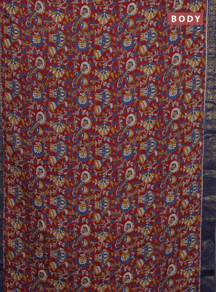 Kalamkari semi silk saree maroon and blue with allover prints and zari woven border