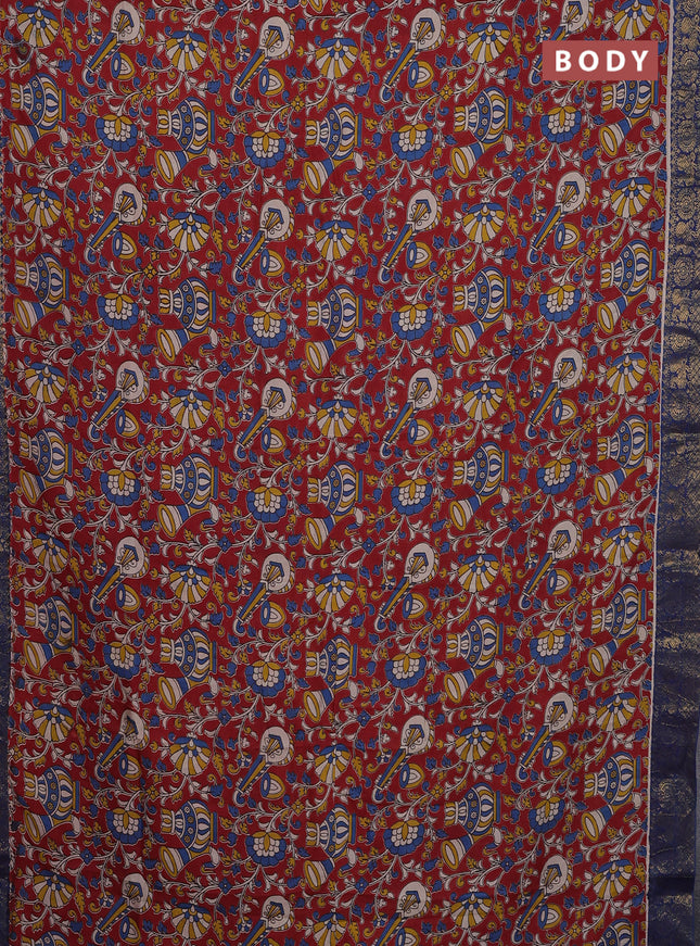 Kalamkari semi silk saree maroon and blue with allover prints and zari woven border
