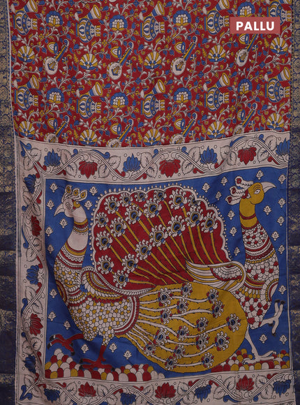 Kalamkari semi silk saree maroon and blue with allover prints and zari woven border