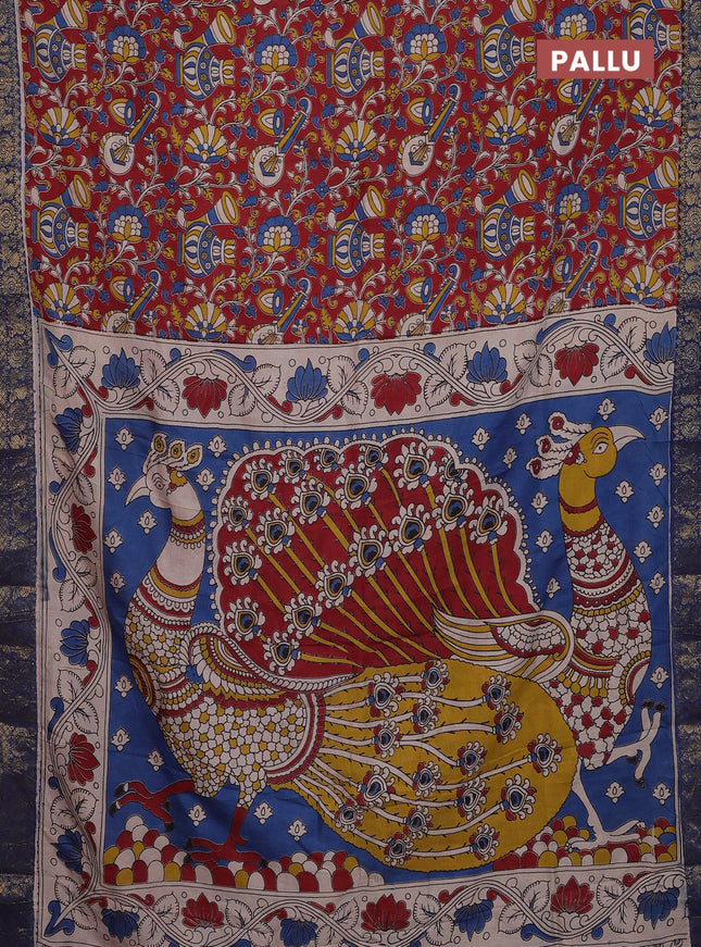 Kalamkari semi silk saree maroon and blue with allover prints and zari woven border