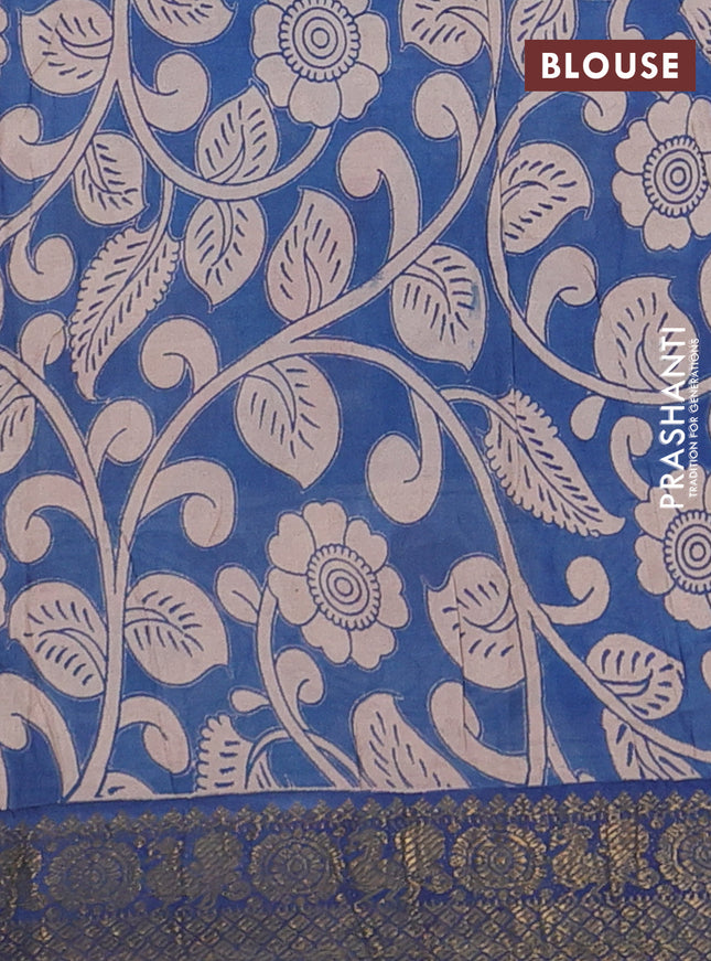 Kalamkari semi silk saree maroon and blue with allover prints and zari woven border