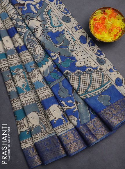Kalamkari semi silk saree beige blue and multi colour with allover prints and zari woven border