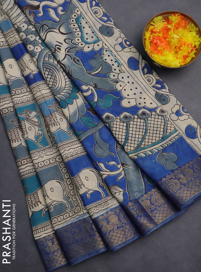 Kalamkari semi silk saree beige blue and multi colour with allover prints and zari woven border