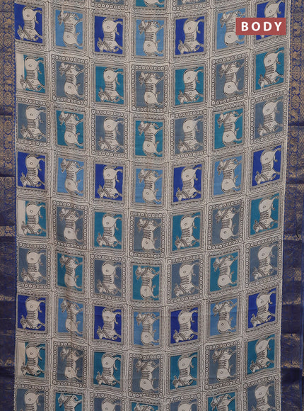 Kalamkari semi silk saree beige blue and multi colour with allover prints and zari woven border