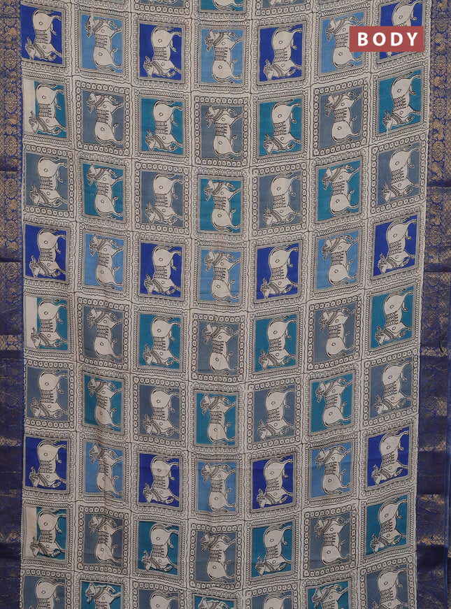 Kalamkari semi silk saree beige blue and multi colour with allover prints and zari woven border