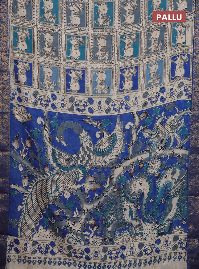 Kalamkari semi silk saree beige blue and multi colour with allover prints and zari woven border