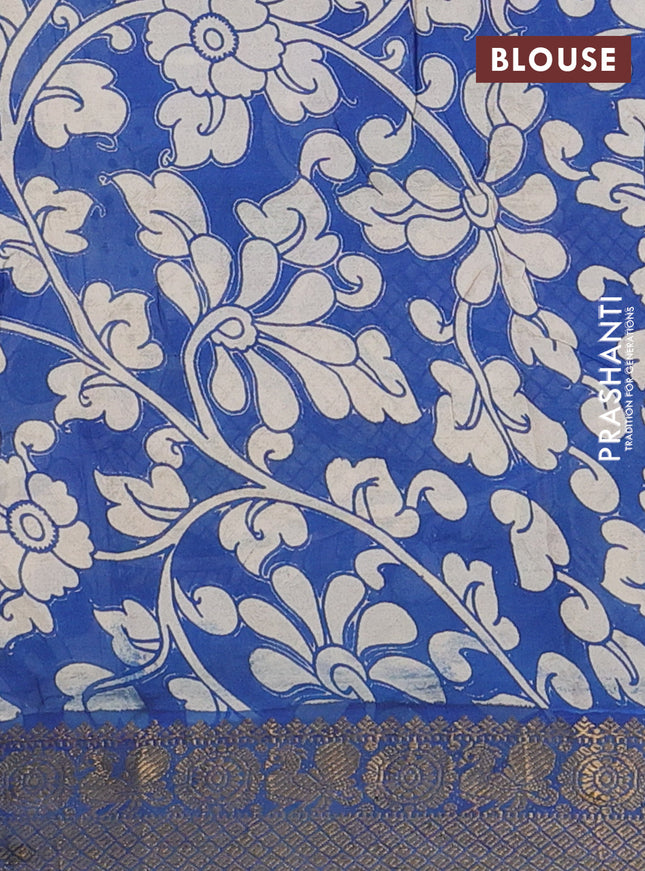 Kalamkari semi silk saree beige blue and multi colour with allover prints and zari woven border